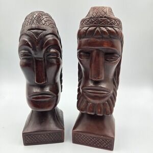 Hand Carved Wood African Tribal Woman & Man Busts 1950s-1960s Statues 9.5" VTG